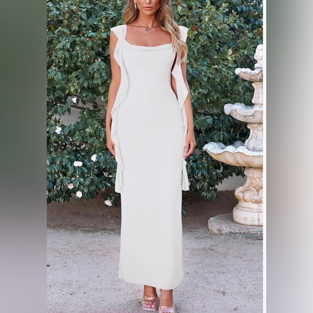 PrettyGarden White Ruffle Sleeve Maxi Dress Size M NWT